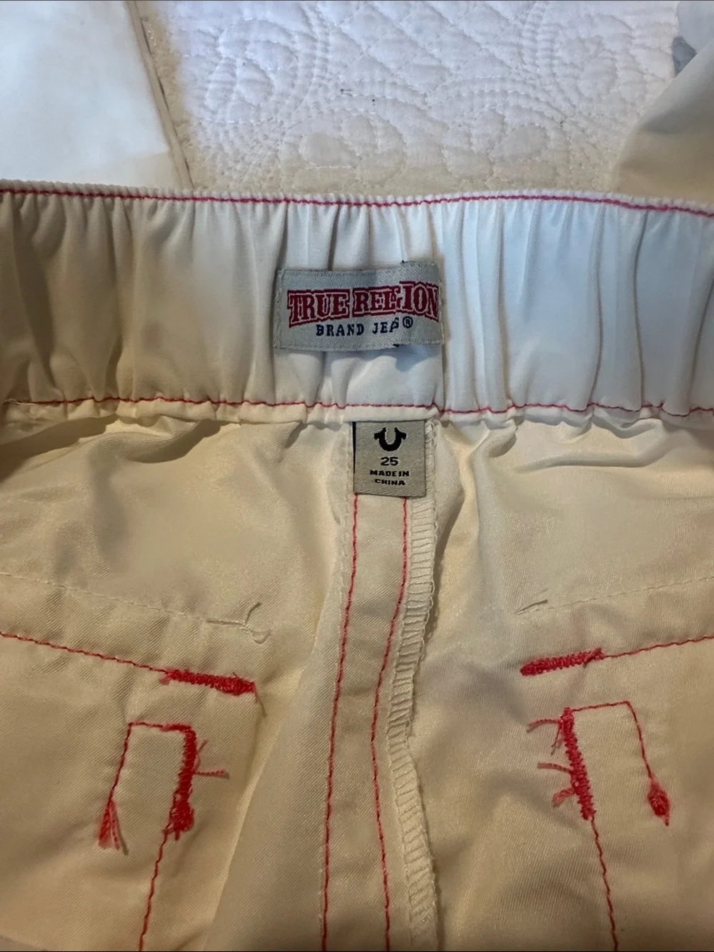 True Religion Cream Cargo Pants with Pink Stitching